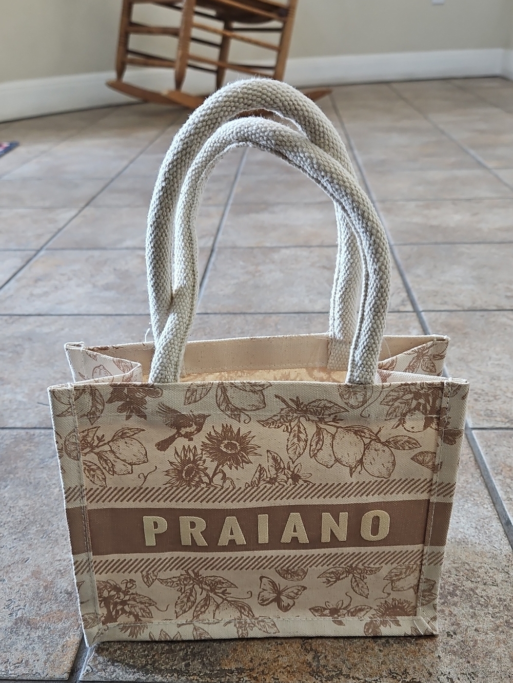 Praiano Beige Floral Canvas Tote Bag